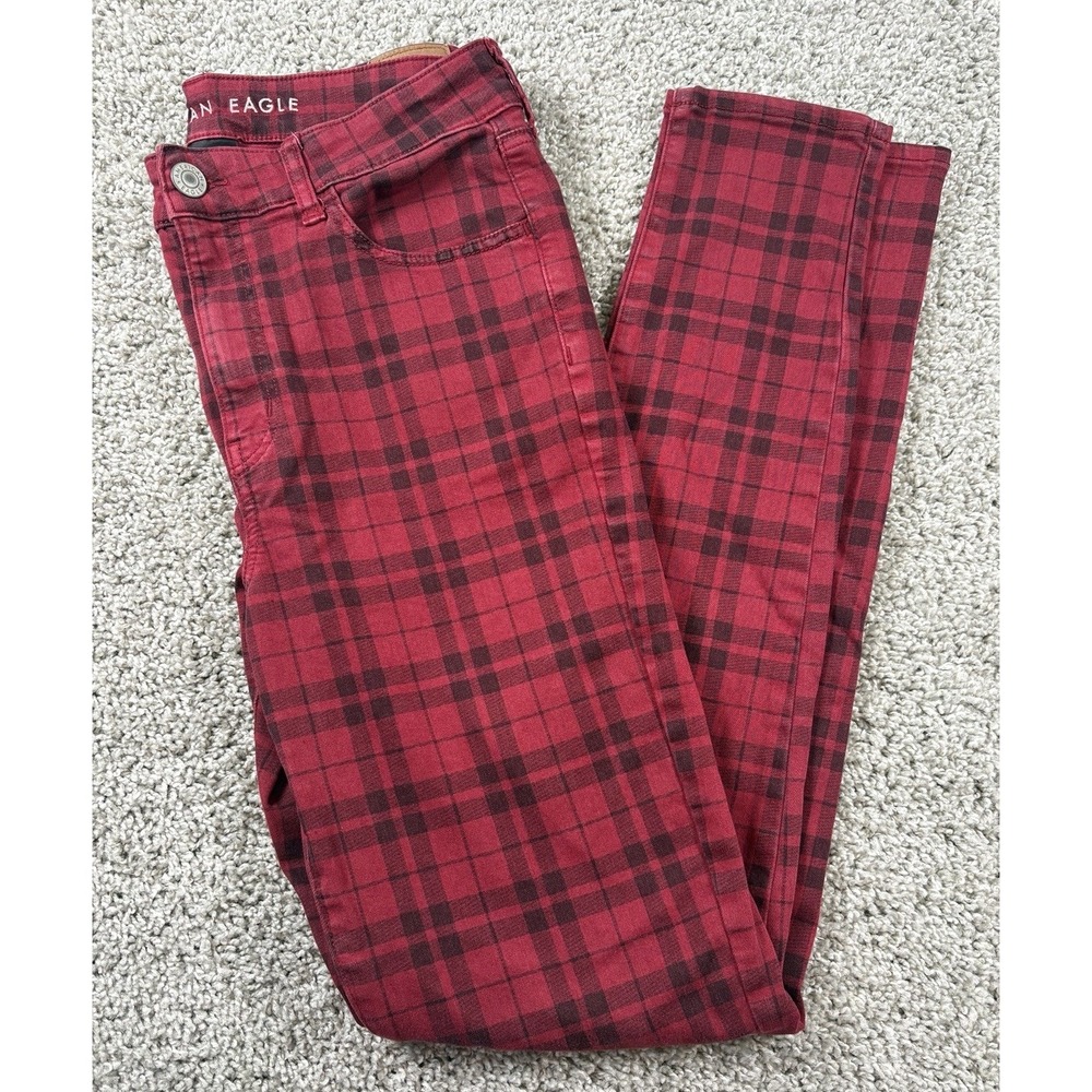 American Eagle High Rise Jegging Red Black Plaid Womens Pants 12‎ Extra Long